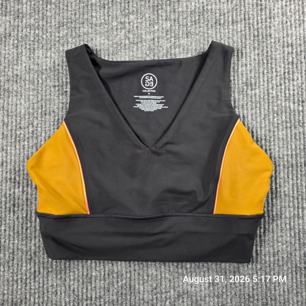 Sage Collective Womens V-Neck Colorblock Sports Bra Gray Yellow Orange Size M